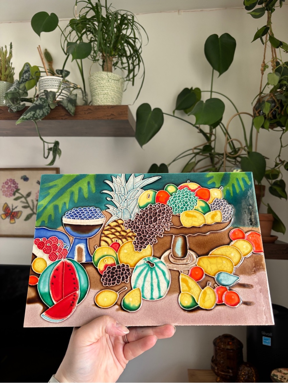 EUC Vintage Hand-Painted Ceramic Tile Tropical Fruit Retro Artwork / Wall Art